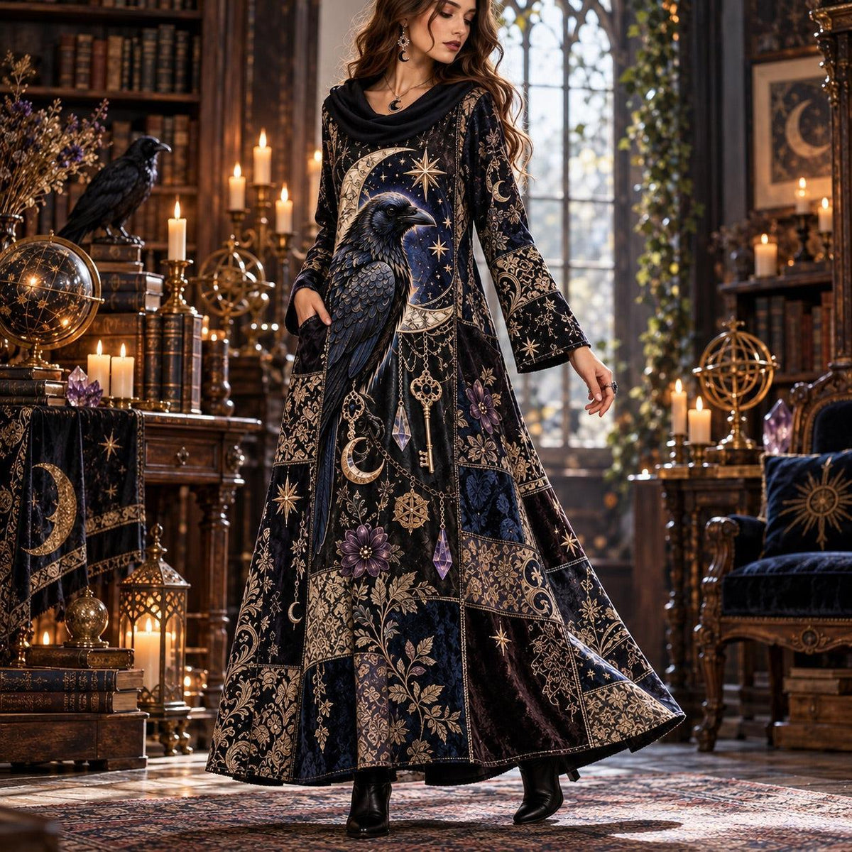 Celestial Raven Reliquary Gothic Cowl Neck Dress – Witchy Patchwork Maxi – worn, three quarter view