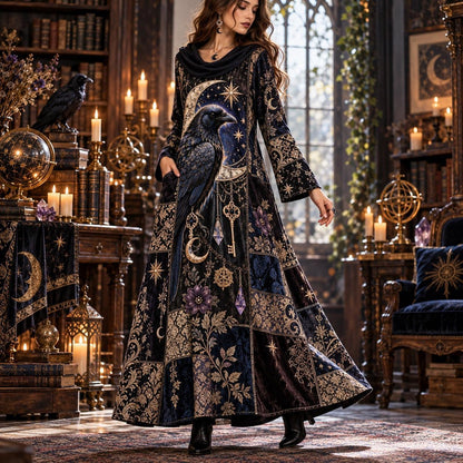 Celestial Raven Reliquary Gothic Cowl Neck Dress – Witchy Patchwork Maxi – worn, three quarter view