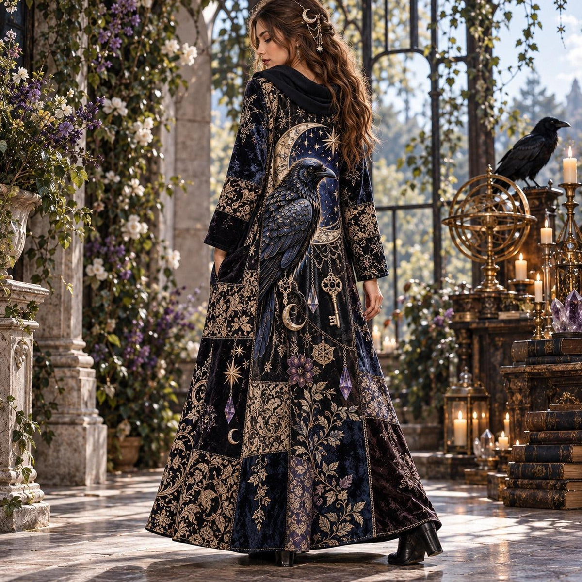 Celestial Raven Reliquary Gothic Cowl Neck Dress – Witchy Patchwork Maxi – worn, three quarter view