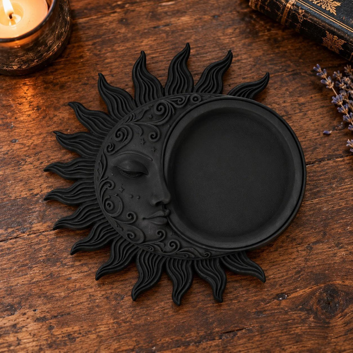 Celestial Sun Moon Jewelry Tray in a realistic witchy gothic setting, detailed product view with natural shine and contact shadows.