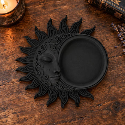 Celestial Sun Moon Jewelry Tray in a realistic witchy gothic setting, detailed product view with natural shine and contact shadows.