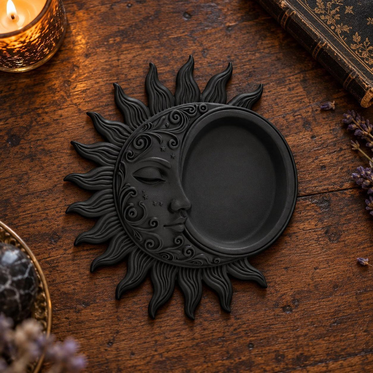Celestial Sun Moon Jewelry Tray in a realistic witchy gothic setting, detailed product view with natural shine and contact shadows.