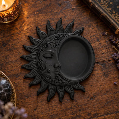 Celestial Sun Moon Jewelry Tray in a realistic witchy gothic setting, detailed product view with natural shine and contact shadows.