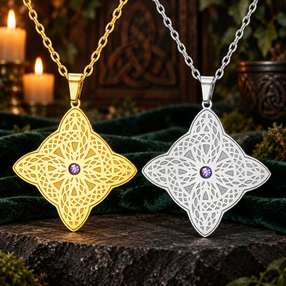 Celtic Shield Knot Necklace with Filigree Zircon Pendant — detailed jewelry view 1
