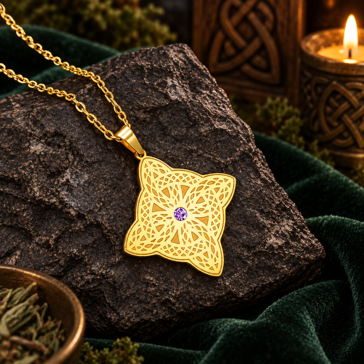 Celtic Shield Knot Necklace with Filigree Zircon Pendant — detailed jewelry view 2
