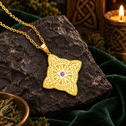 Celtic Shield Knot Necklace with Filigree Zircon Pendant — detailed jewelry view 2
