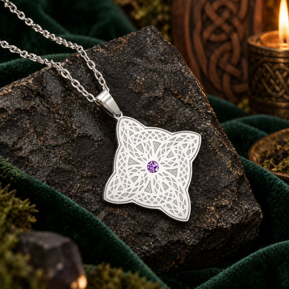 Celtic Shield Knot Necklace with Filigree Zircon Pendant — detailed jewelry view 3