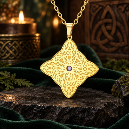Celtic Shield Knot Necklace with Filigree Zircon Pendant — detailed jewelry view 4
