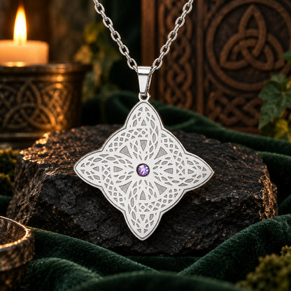 Celtic Shield Knot Necklace with Filigree Zircon Pendant — detailed jewelry view 5