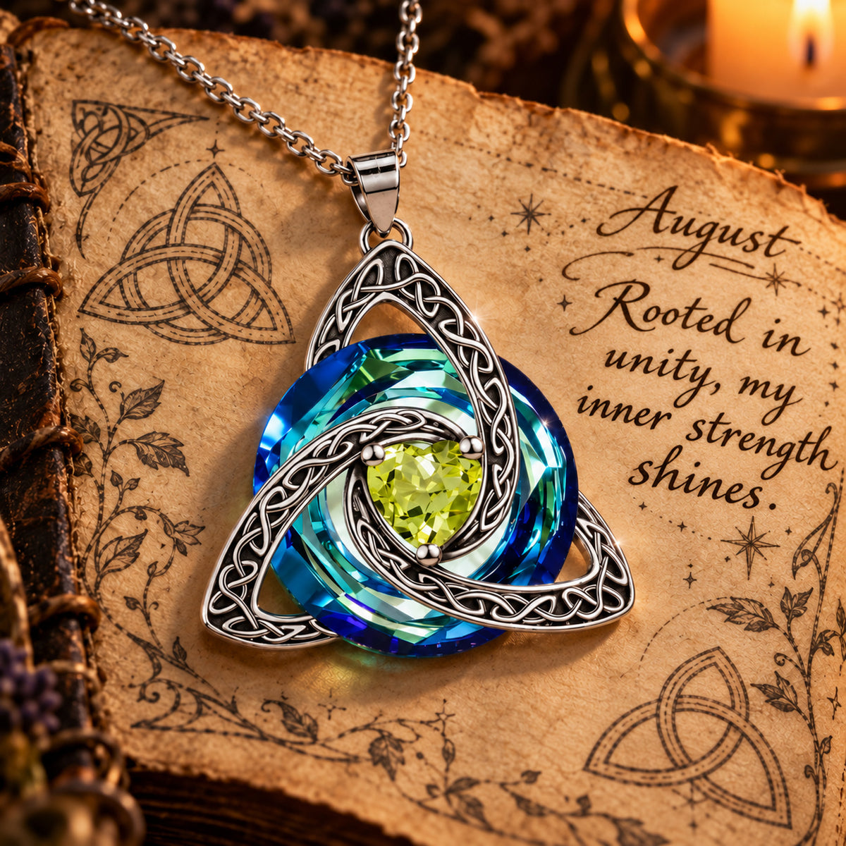 August Celtic Trinity Knot Birthstone Necklace on parchment — Rooted in unity, my inner strength shines.