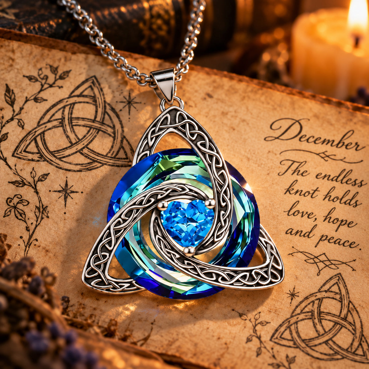 December Celtic Trinity Knot Birthstone Necklace on parchment — The endless knot holds love, hope and peace.