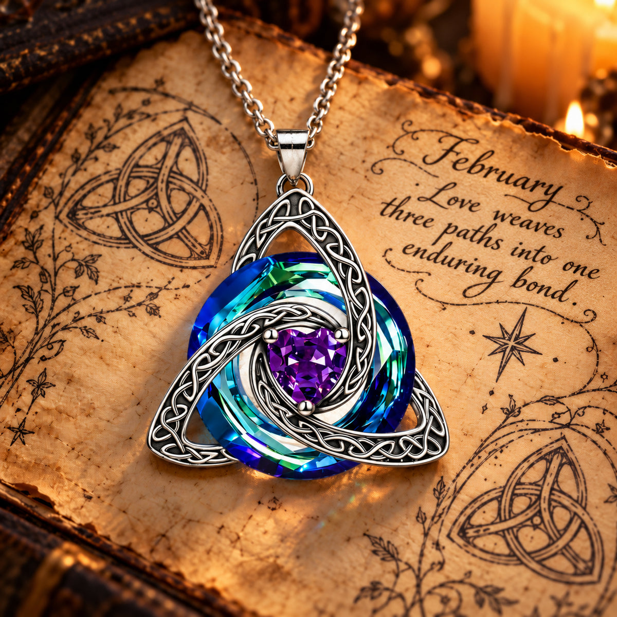 February Celtic Trinity Knot Birthstone Necklace on parchment — Love weaves three paths into one enduring bond.