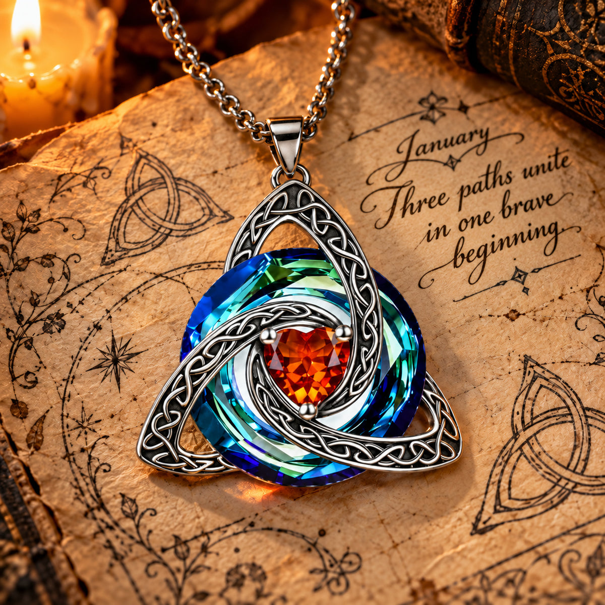 January Celtic Trinity Knot Birthstone Necklace on parchment — Three paths unite in one brave beginning.