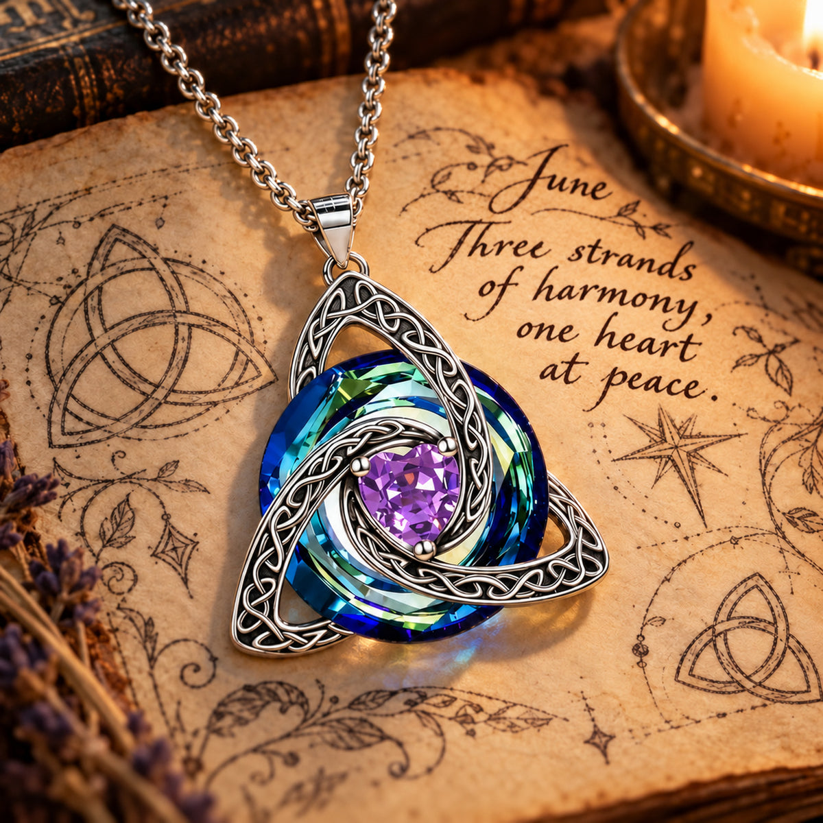 June Celtic Trinity Knot Birthstone Necklace on parchment — Three strands of harmony, one heart at peace.