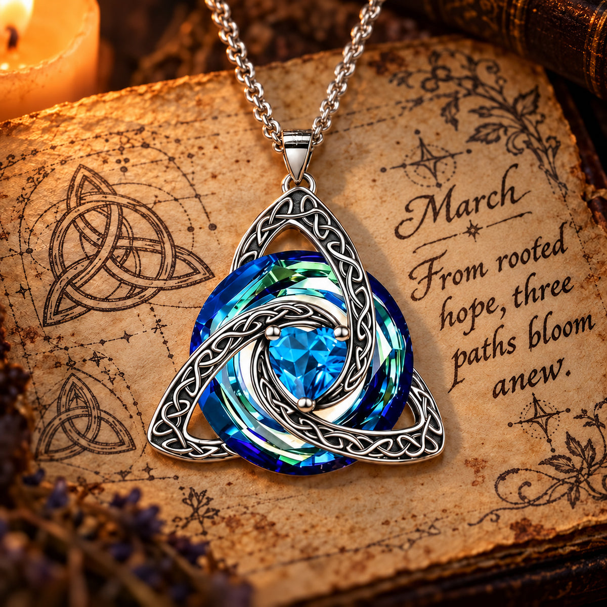 March Celtic Trinity Knot Birthstone Necklace on parchment — From rooted hope, three paths bloom anew.
