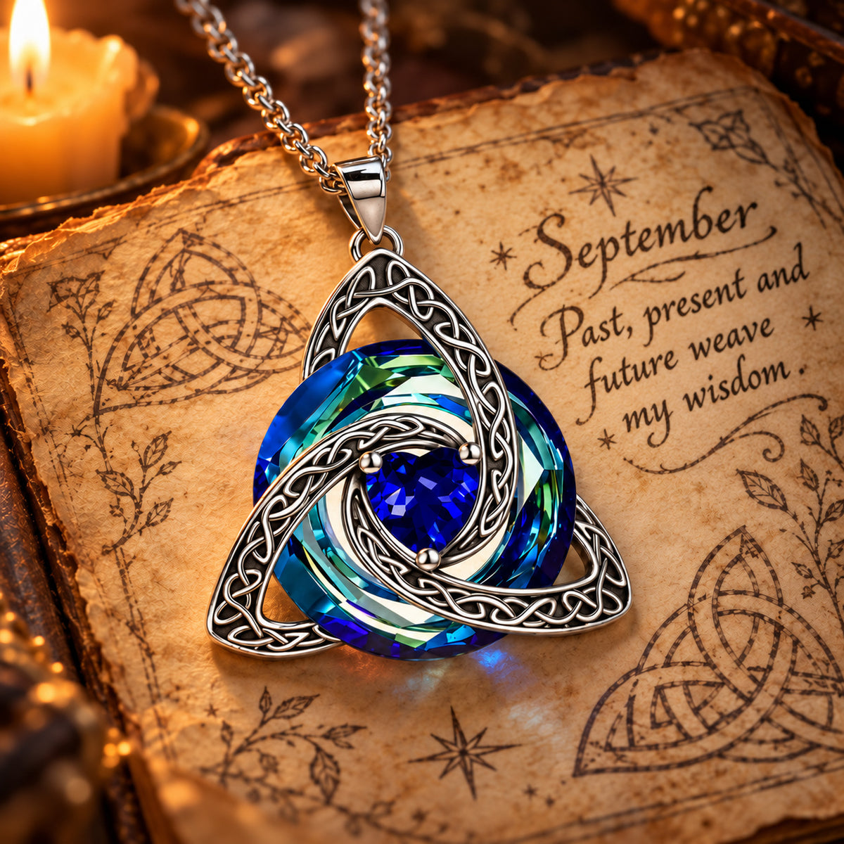 September Celtic Trinity Knot Birthstone Necklace on parchment — Past, present and future weave my wisdom.
