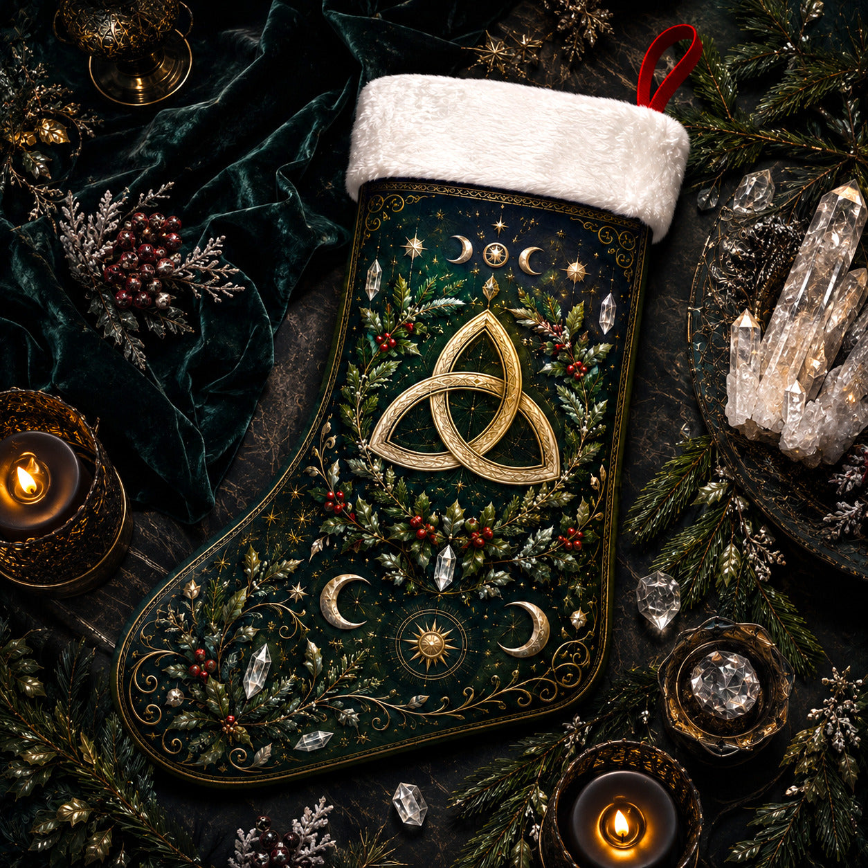 Celtic Triquetra Christmas Stocking Gold Knot Pagan Yule Decor, styled shot 2