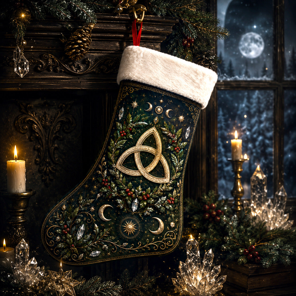 Celtic Triquetra Christmas Stocking Gold Knot Pagan Yule Decor, styled shot 3