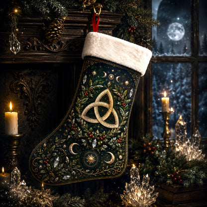 Celtic Triquetra Christmas Stocking Gold Knot Pagan Yule Decor, styled shot 3