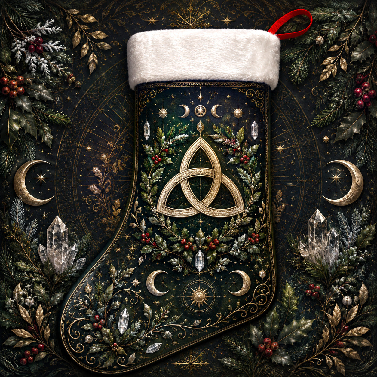 Celtic Triquetra Christmas Stocking Gold Knot Pagan Yule Decor, styled shot 4
