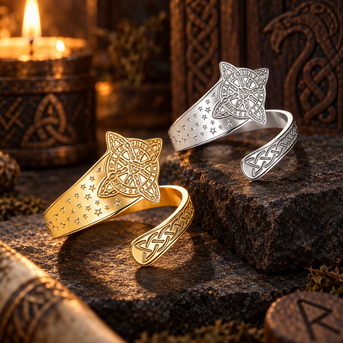 Celtic Witch Knot Ring with Triquetra & Rune Wheel Engraving in a dark pagan Viking altar setting, detailed polished metal finish