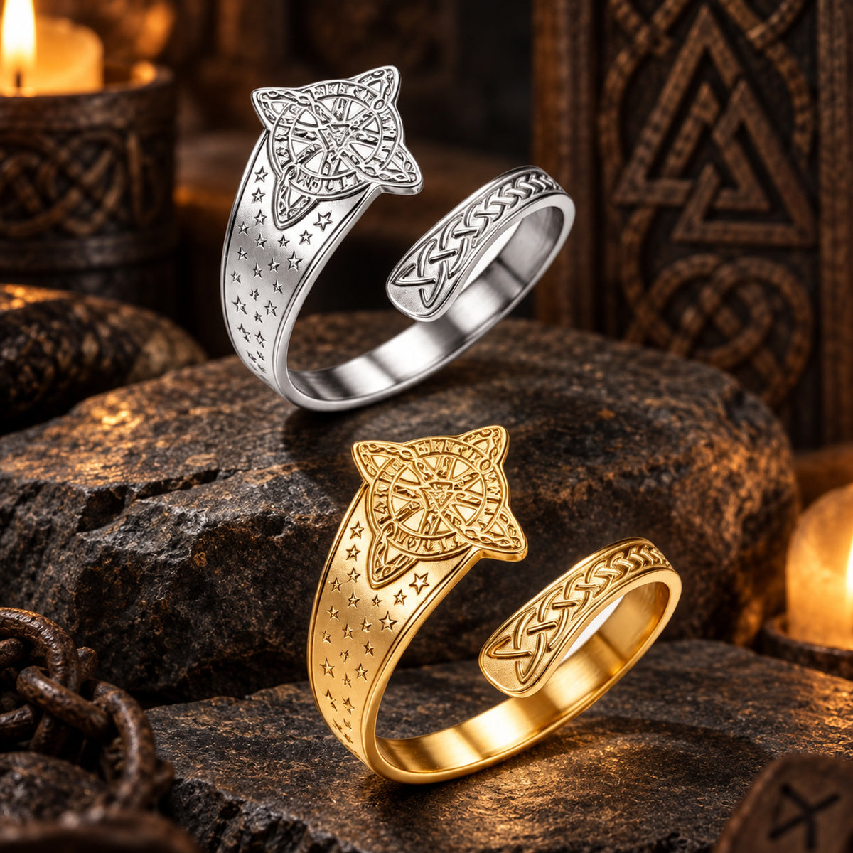 Celtic Witch Knot Ring with Triquetra & Rune Wheel Engraving in a dark pagan Viking altar setting, detailed polished metal finish