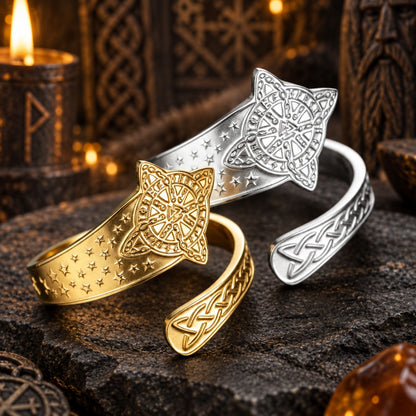 Celtic Witch Knot Ring with Triquetra & Rune Wheel Engraving in a dark pagan Viking altar setting, detailed polished metal finish