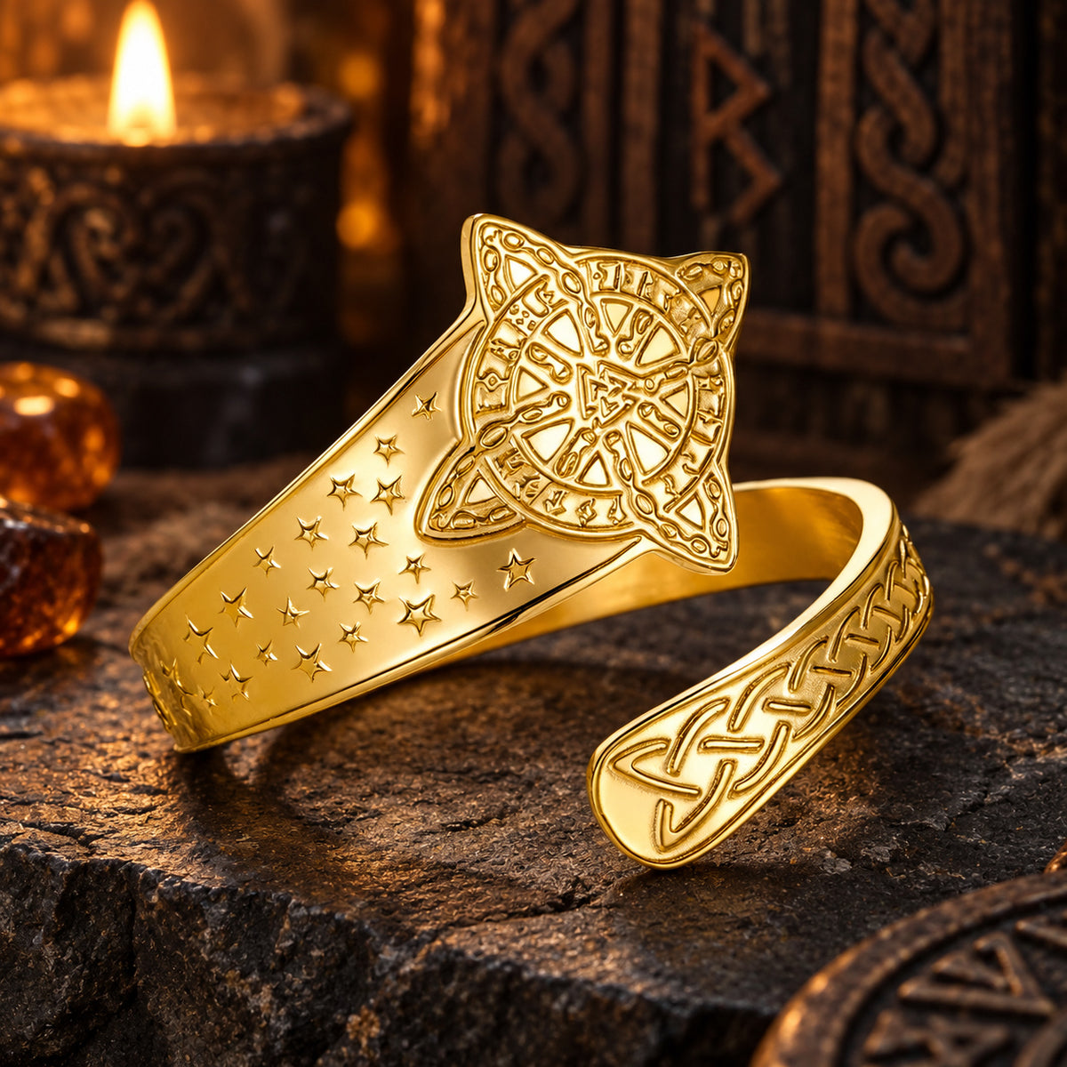 Celtic Witch Knot Ring with Triquetra & Rune Wheel Engraving in a dark pagan Viking altar setting, detailed polished metal finish