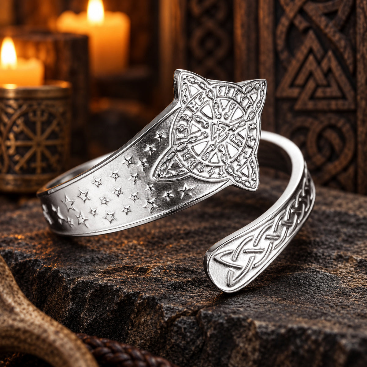 Celtic Witch Knot Ring with Triquetra & Rune Wheel Engraving in a dark pagan Viking altar setting, detailed polished metal finish