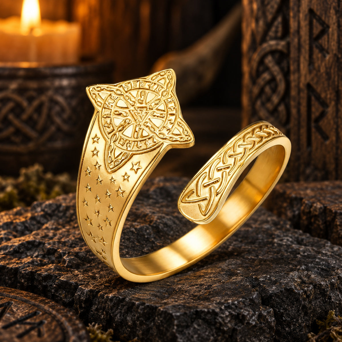 Celtic Witch Knot Ring with Triquetra & Rune Wheel Engraving in a dark pagan Viking altar setting, detailed polished metal finish