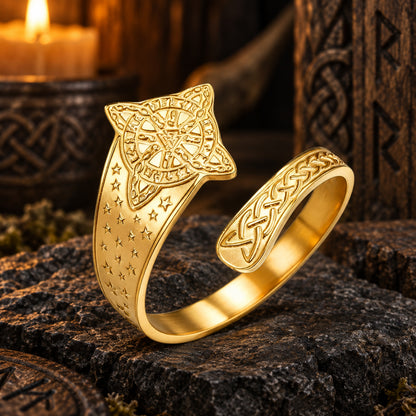 Celtic Witch Knot Ring with Triquetra & Rune Wheel Engraving in a dark pagan Viking altar setting, detailed polished metal finish