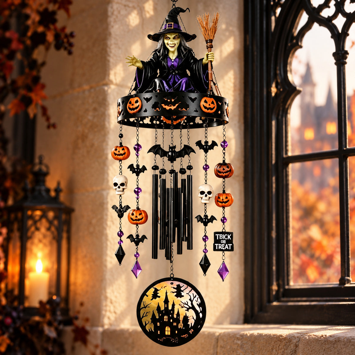 Halloween Witch & Ghost Wind Chime for Outdoor Decor — detailed product view in a witchy room