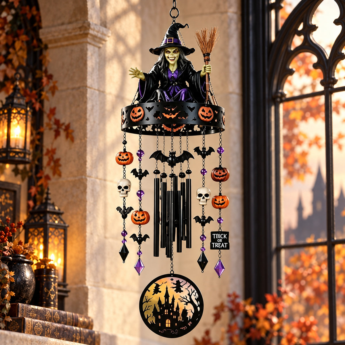 Halloween Witch & Ghost Wind Chime for Outdoor Decor — detailed product view in a witchy room