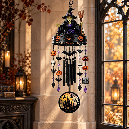 Halloween Witch & Ghost Wind Chime for Outdoor Decor — detailed product view in a witchy room