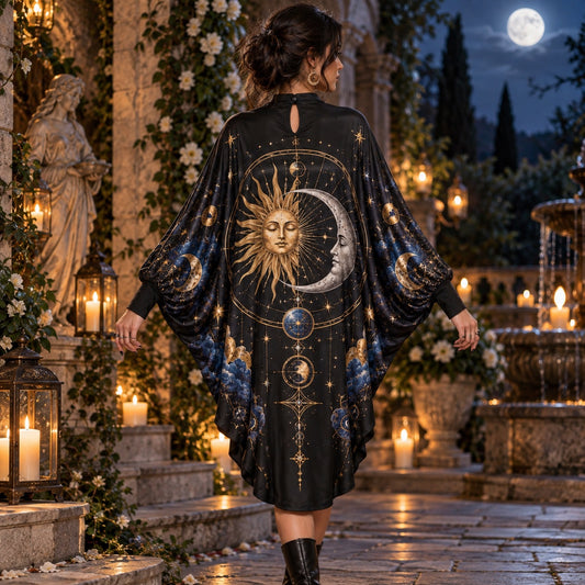 Cosmic Sun and Moon Celestial Batwing Dress – Witchy Astrology Midi – worn, back view