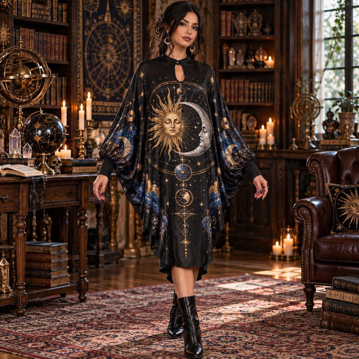 Cosmic Sun and Moon Celestial Batwing Dress – Witchy Astrology Midi – worn, in motion