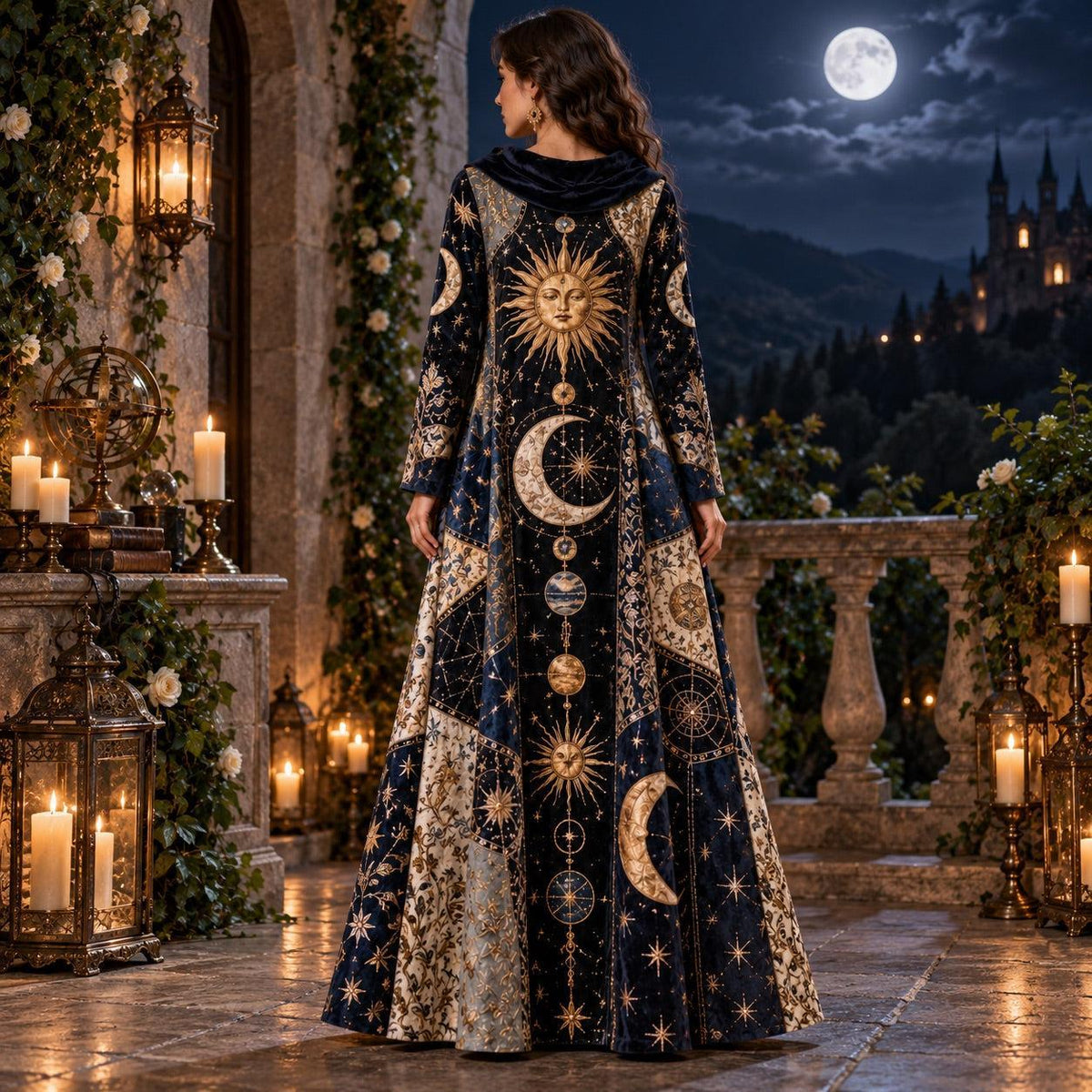 Cosmic Sun and Moon Celestial Cowl Neck Dress – Witchy Gold Star Maxi – worn, back view