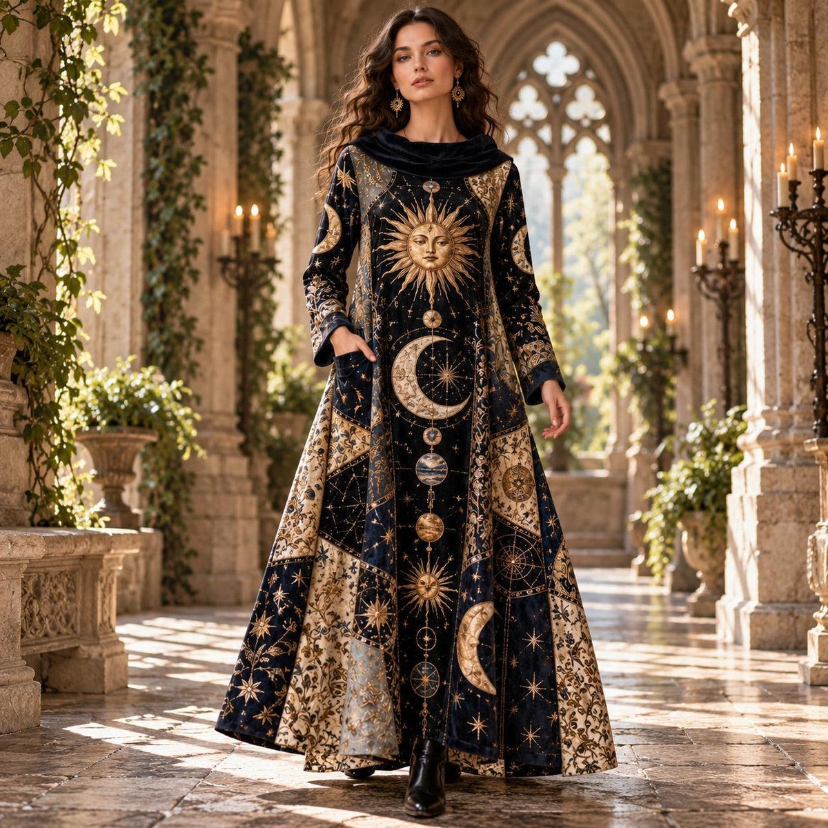 Cosmic Sun and Moon Celestial Cowl Neck Dress – Witchy Gold Star Maxi – worn, in motion