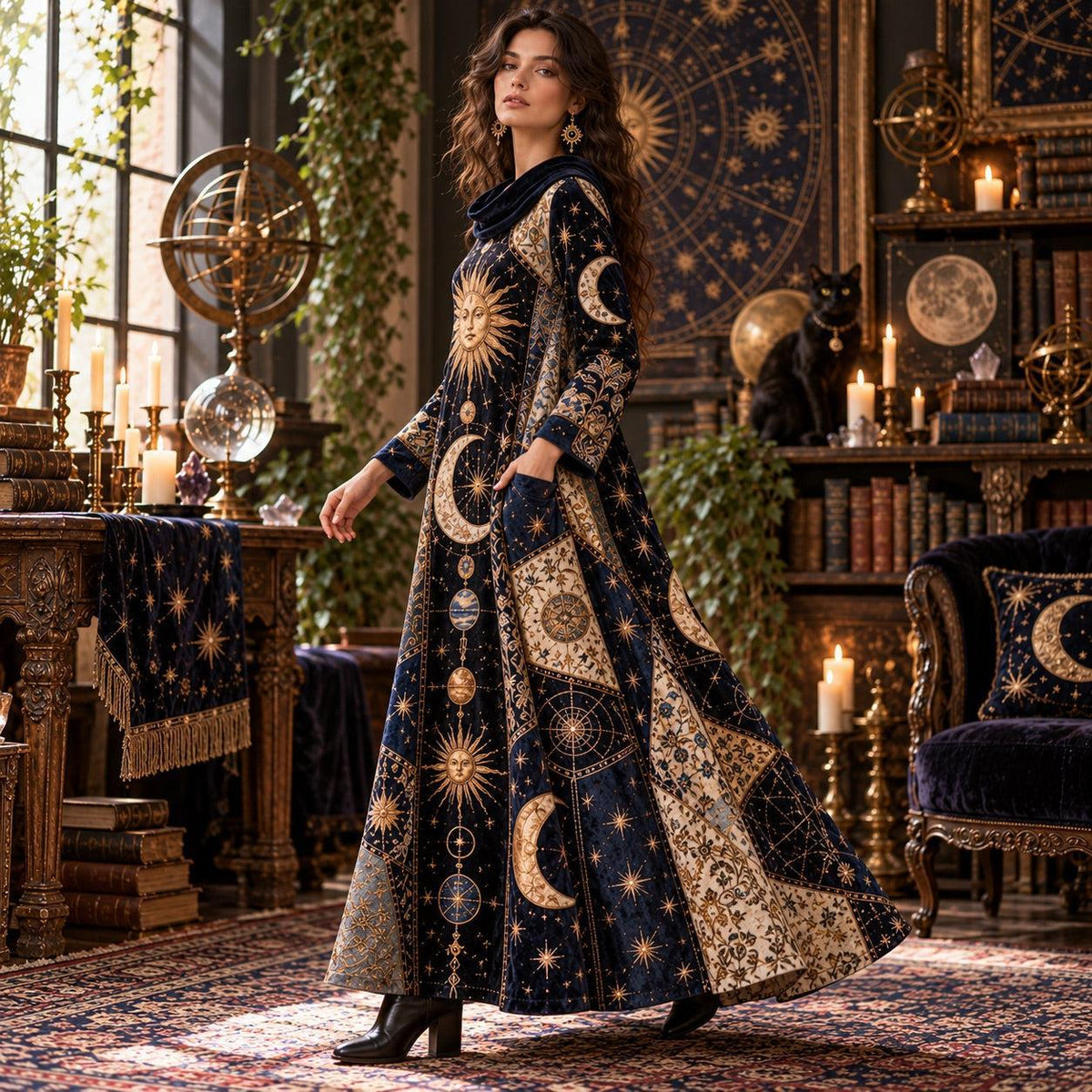 Cosmic Sun and Moon Celestial Cowl Neck Dress – Witchy Gold Star Maxi – worn, three quarter view