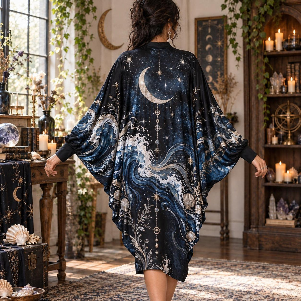 Crescent Moon Ocean Celestial Batwing Dress – Sea Witch Wave Midi – worn, back view