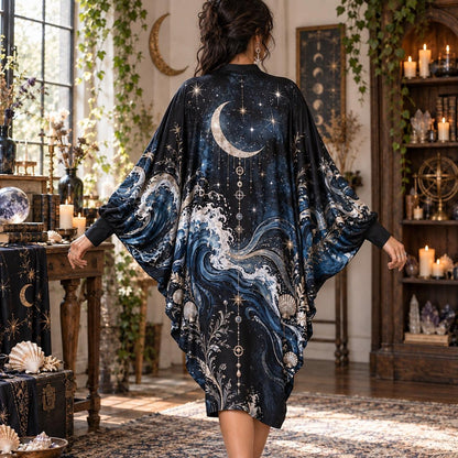 Crescent Moon Ocean Celestial Batwing Dress – Sea Witch Wave Midi – worn, back view