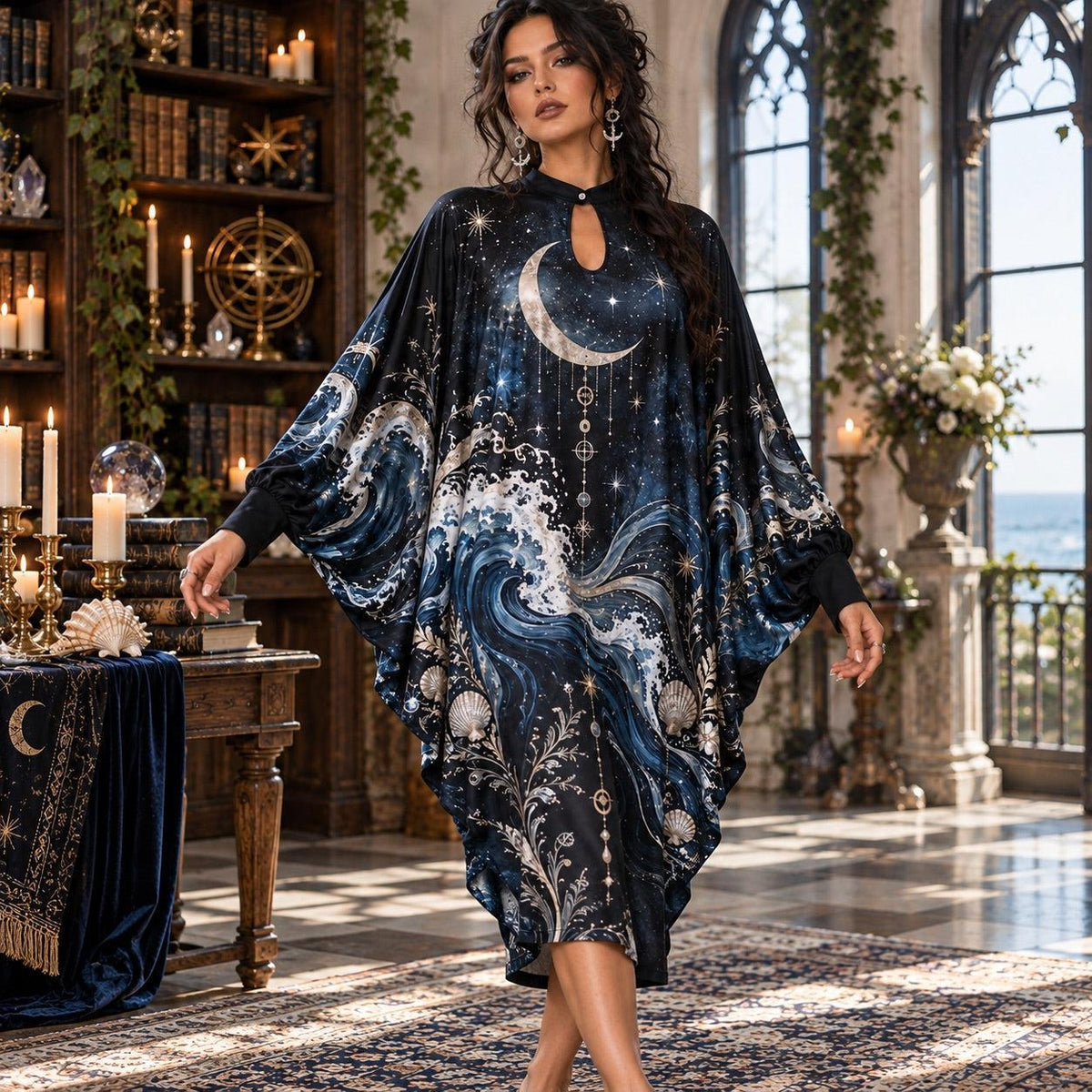 Crescent Moon Ocean Celestial Batwing Dress – Sea Witch Wave Midi – worn, in motion