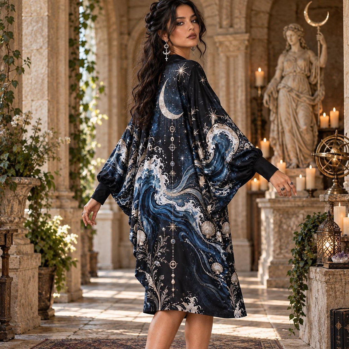 Crescent Moon Ocean Celestial Batwing Dress – Sea Witch Wave Midi – worn, three quarter view