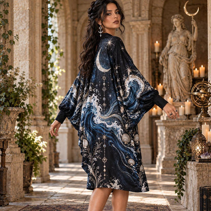 Crescent Moon Ocean Celestial Batwing Dress – Sea Witch Wave Midi – worn, three quarter view