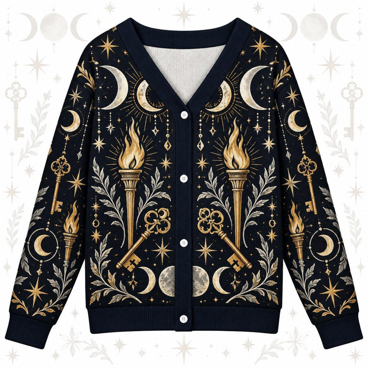 Crossed Keys Torch Hecate Cardigan for Women Triple Moon Pagan Sweater, front view