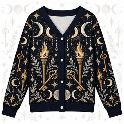 Crossed Keys Torch Hecate Cardigan for Women Triple Moon Pagan Sweater, front view