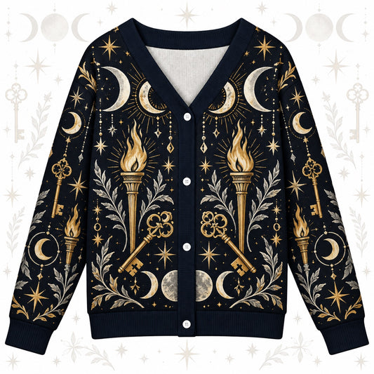 Crossed Keys Torch Hecate Cardigan for Women Triple Moon Pagan Sweater, front view