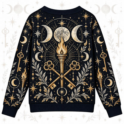 Crossed Keys Torch Hecate Cardigan for Women Triple Moon Pagan Sweater, back view