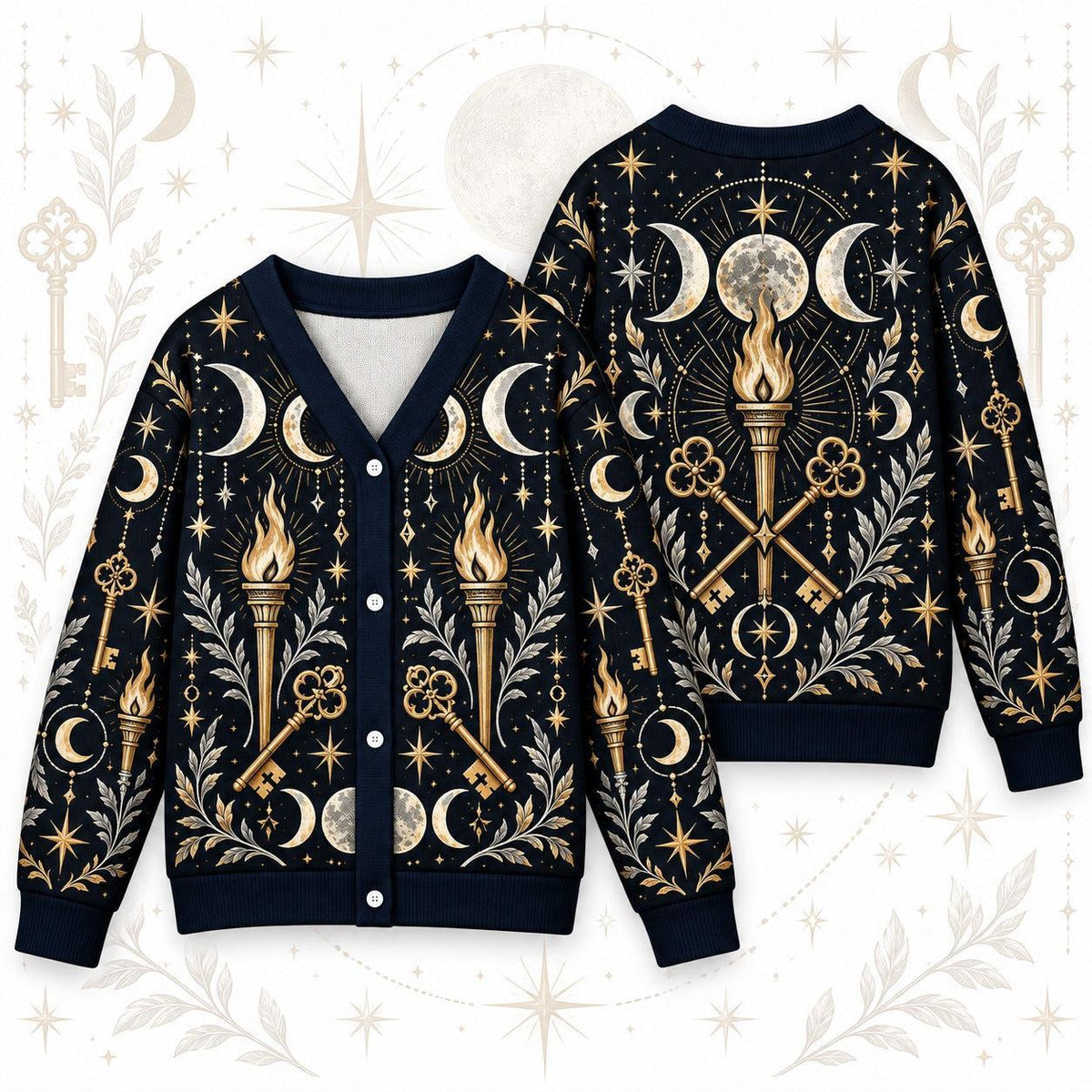 Crossed Keys Torch Hecate Cardigan for Women Triple Moon Pagan Sweater, front and back shown together