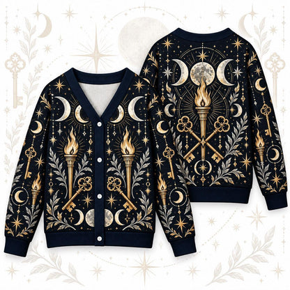 Crossed Keys Torch Hecate Cardigan for Women Triple Moon Pagan Sweater, front and back shown together